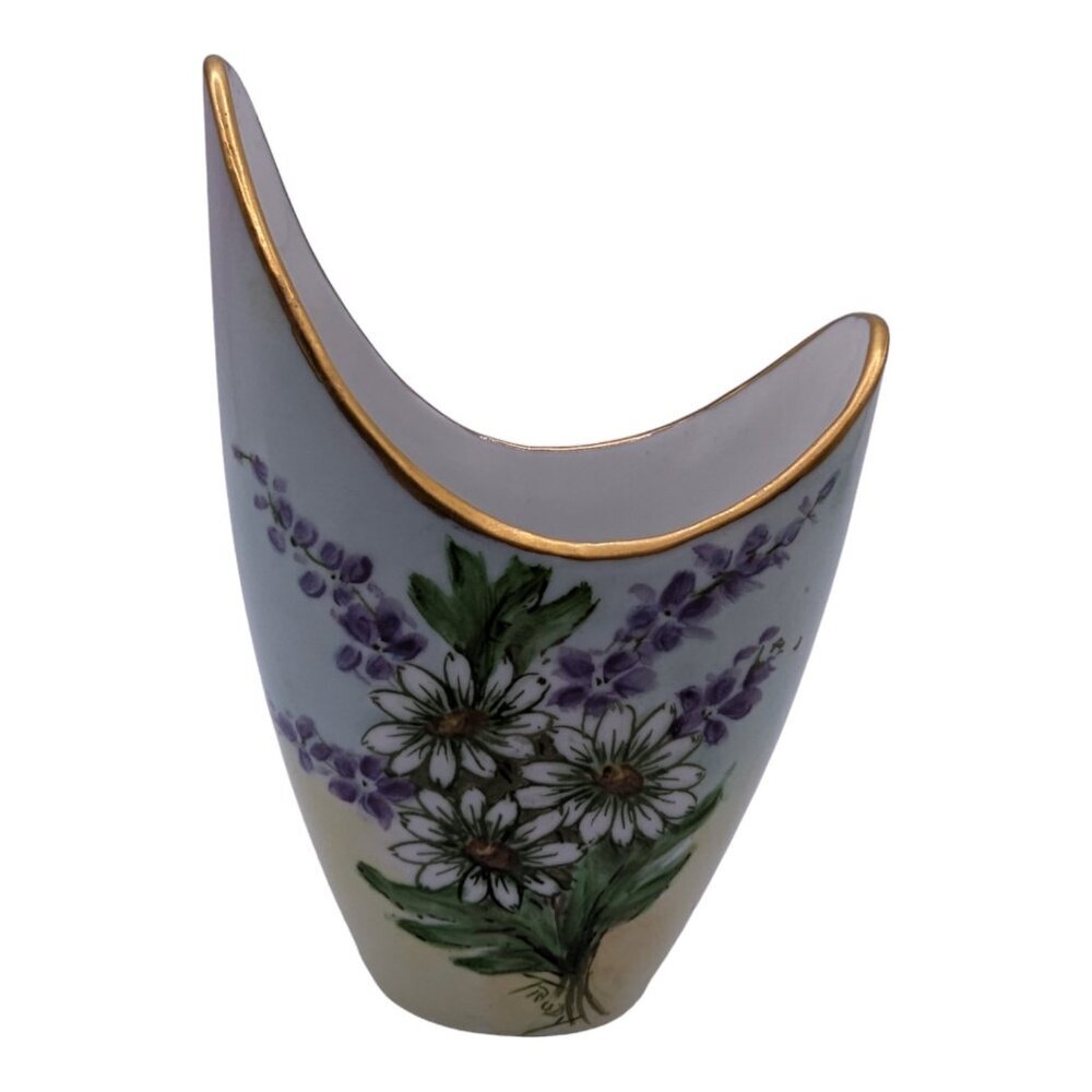 Vintage Hand Painted Porcelain Vase Daisies 5" tall Gold Gilded Signed